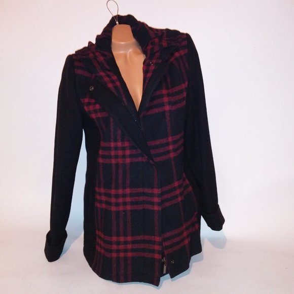 Wardrobe Essentials Jacket Coat Size 8 Black Red Plaid Zip & Snap Pit to Pit 21" - Picture 2 of 15
